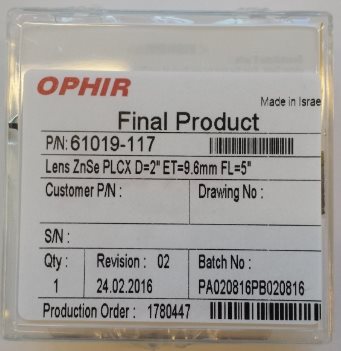 61019-117 OPHIR PO/CX LENS ZNSE 2,0”DIA 5.0”FL ET=.380”C/A II-VI ref. 741363