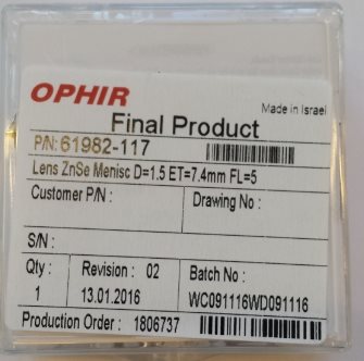 61982-117 Ophir Lens ZnSe D=1.5"ET=7.4mmFL=5 Alt ref: 088114 trumpf