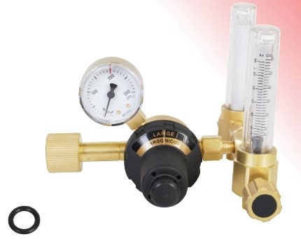 9025320 - Regulator Large Flow Argon/Mixed gas - Double flowmeter and t-connection included - Work area (bar) 2.5 N EN ISO 2503 200 bar Content pressure gauge (bar) 0 - 315 Flow pressure gauge (l/min) 3 - 30 Connection Inlet W 24.32 x 1/14" Thread Int. Ou
