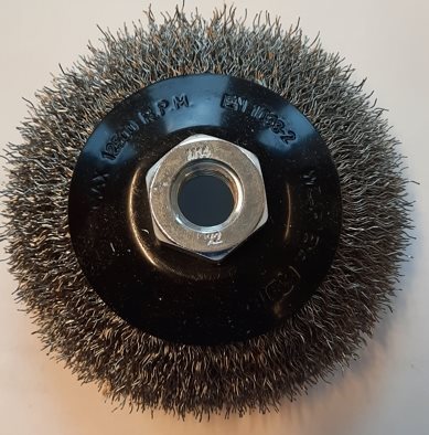 S034 - Bevel Brush M14, crimped wire Ø90mm, 0.3 s/steel w - alt. Ref. 97803